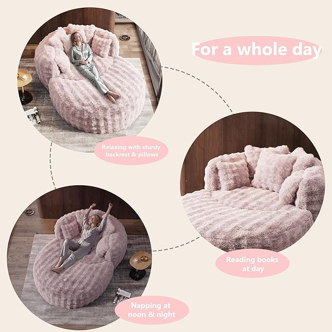 Oversized Chaise Lounge Chair Indoor with Ottoman 55" W x 75" L Round Reading Chair Plush Faux Fur Corduroy Cloud Circle Boneless Chair with 5 Pillows for Living Room - Pink
