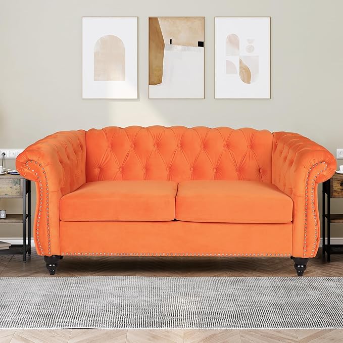 QHITTY Accent Sofa, Chesterfield Loveseat Modern Velvet Couch Upholstered Sofa with Tufted Back for Living Room Furniture (Orange)