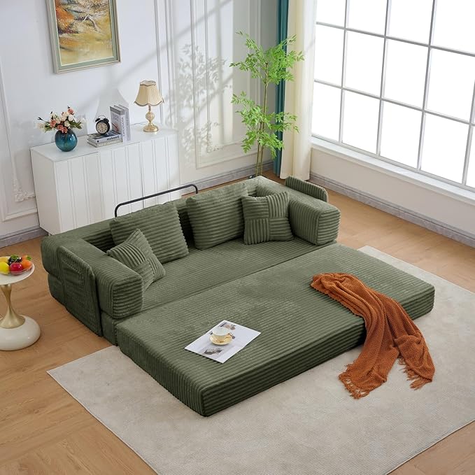 Folding Sofa Bed, Corduroy Loveseat Sleeper with Fixed-Shape Frame, No Assembly Needed Futon Couch, Convertible Floor Sofa Lounge Couch for Living Room, Bedroom, Lounge Studio, Green