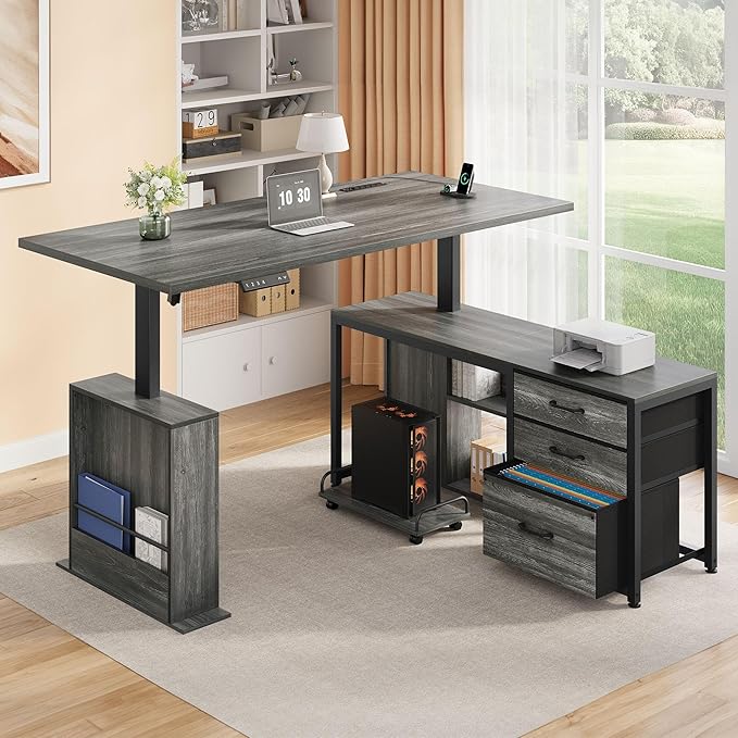 63" L Shaped Standing Desk with 3 Drawers Electric Adjustable Height Desk Corner Standing Desk with Storage Computer Game Desk with Power Outlets Computer Tower Stand for Home Office, Grey