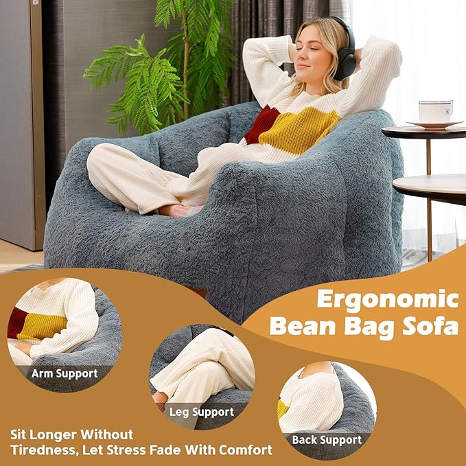 Big Bean Bag Chairs for Adults Giant Sofa with Faux Fur Shell-Shaped Beanbag Couch, Stuffed Large Bean Bag Floor Chair for Living Room, Beanbags Reading Chair for Bedroom Single Sofa(L-Blue)