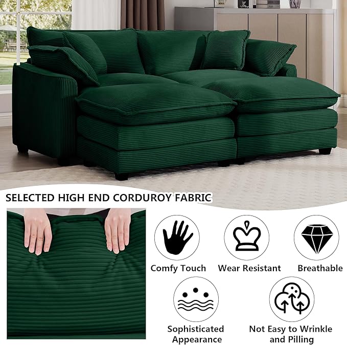 Aoowow Oversized Loveseat Couch with Ottomans,Modern Corduroy 2 Seater Cloud Couches for Living Room,Modular Sectional Cloud Sofas Deep Seat,Double Lounger Sleeper Sofa