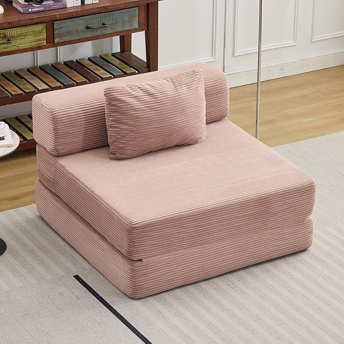 Folding Sofa Bed, Convertible Sleeper Chair with Pillow, Single Sofa with Back Support, Portable Fold Out Chair Cloud Couch Bed, Comfy Floor Sofa Lounge for Living Room Bedroom, Pink