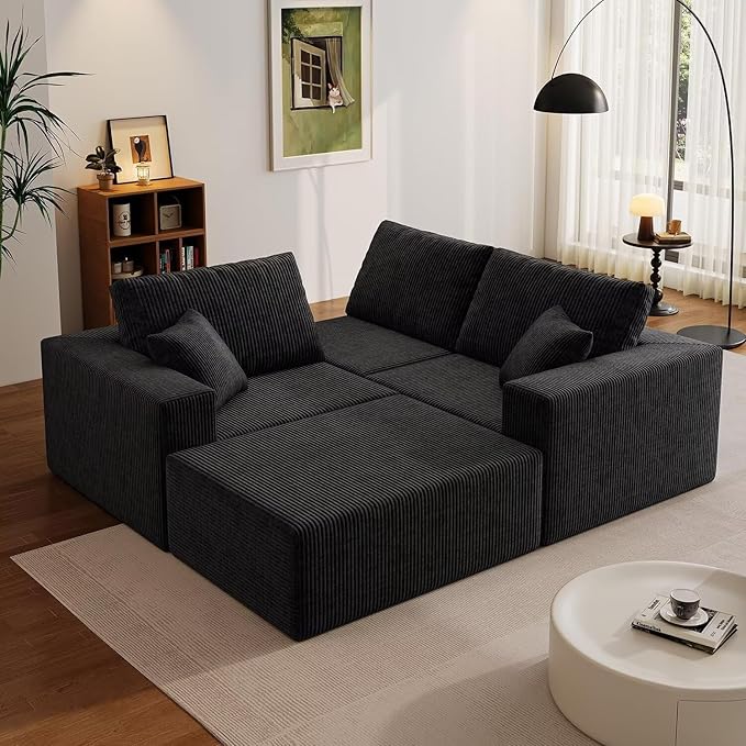 110" Boneless Cloud Sectional Sofa, Modular L-Shaped Couch with Deep Seats, Compressed Frameless Corduroy Sofa in Boxes, No Assembly Required, 3-Seater Left-Facing Chaise, Black