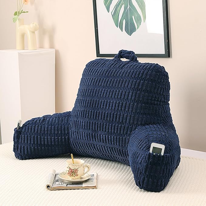 PAJEO Reading Pillow for Sitting in Bed, Large Backrest Reading Pillow with Arm Rest,Back-Rest Support Cushion for Sit Up on Couch, Sofa, and Floor, Dorm Essentials (Dark Blue Corduroy, Large(19"))