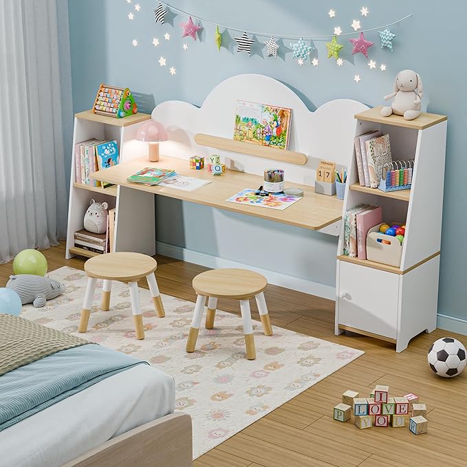 Xilingol Kids Study Desk with Bookshelves and 2 Stools, Kids Desk and Chair Set with 5 Storage Cabinets, Wooden Children Writing Table, Student Study Table for Ages 3-8, Bedroom, Boys, Girls