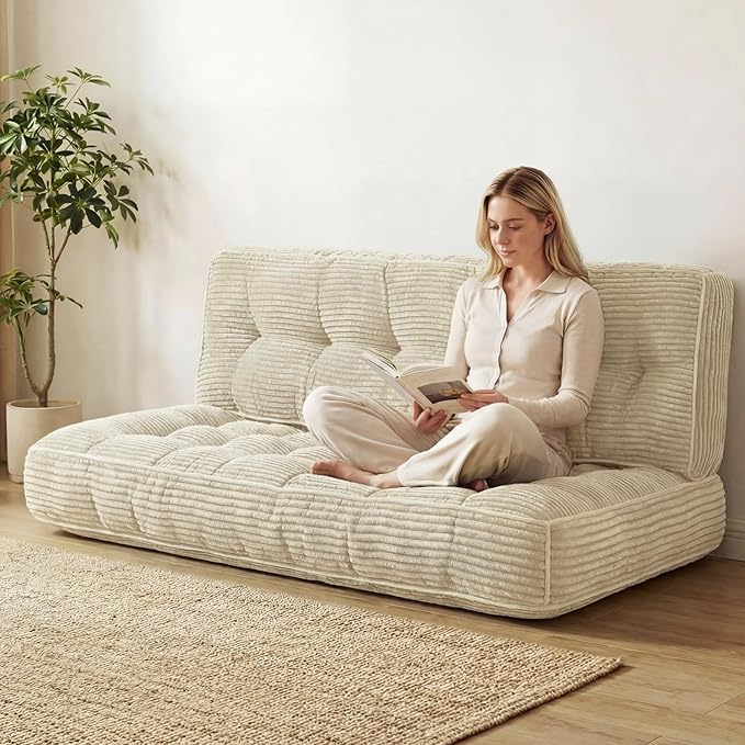 Vercraft 63 Inch Folding Bench Cushion, 4 Inch Thick 2-in-1 Convertible Long Floor Lounger Boneless Cushions Couch Mattress Upholstered for Yoga, Reading, Sleeping, Meditation Living Room(Beige)