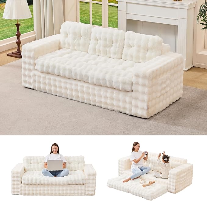 Hobestluk 3-Seater Sofa Boneless Couch with Tufted Button Design 2 in 1 Comfy Cloud Couch Oversized Sofa for Living Room Bedroom Apartment or Office (White, 3 Seater)