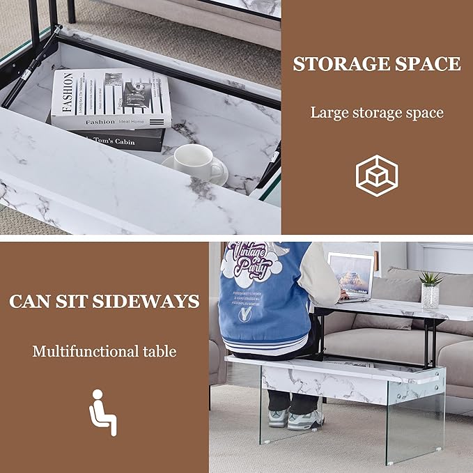 HanStrong 43.3" Lift-Top Coffee Table with Storage,Marble & Tempered Glass Space-Saving for Living Room,Office,White