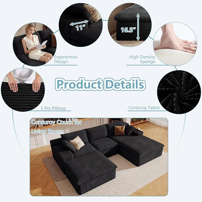 107" Cloud Sectional Couch with U-Shaped Chaise,Corduroy Viral Boneless Sofa with Ottoman,Memory Foam Couches in a Box with Deep Seat for Living Room,No Assembly Required (Black,Right-Facing Chaise)