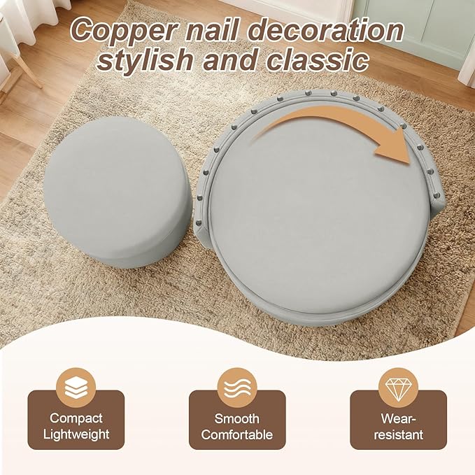 Rolling Round Vanity Chair with Storage, Swivel Makeup Chair with Folding Back, PU Leather Small Upholstered Ottoman for Bedroom Living Room