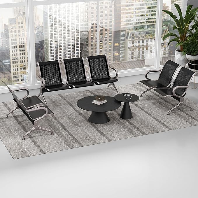 Kinfant Waiting Room Benches Set- 3-Pieces Office Guest Chairs Reception Chairs with Arms for Airport, Hospital, Bank, Salon, Barbershop, Hall, Room Conference(Black Mesh)