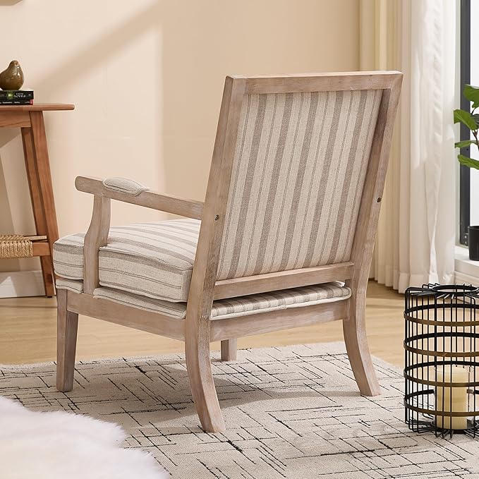 Mid Century Modern Accent Chair Set of 2, Upholstered Armchair with Solid Wood Frame & Wide Cushion Comfy Living Room Chairs Lounge Retro Reading Chair for Bedroom, Guest Room, Balcony, Khaki stripe