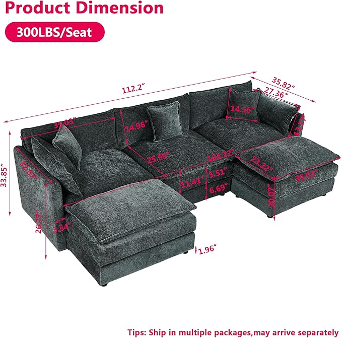 Aoowow Modular Sectional Sofa Modern Convertible U Shaped Couch,112.2 Inch Deep 3-Seater Sofas Set Comfy Chenille Cloud Sofas and Couches with Movable Ottoman for Living Room Apartment（Grey）
