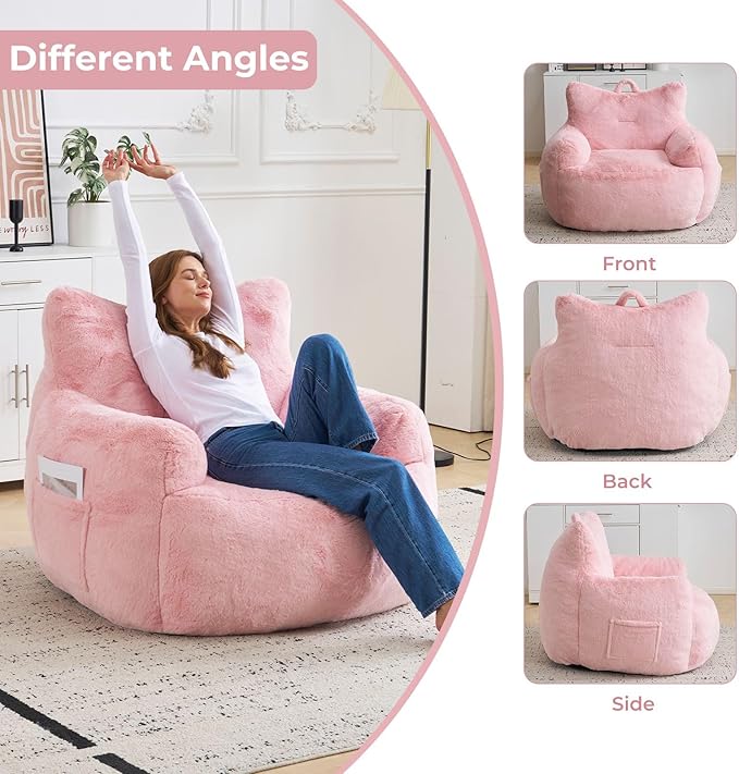 Giant Bean Bag Chair for Adults, Oversized Bean Bag with Filling Plush Fluffy,BeanBag Lazy Sofa Couch with Armrest for Living Room, Cat Shaped Beanbag Couch with Sidepocket for Bedroom,Pink