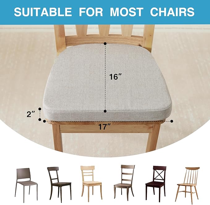 Chair Cushions for Dining Chairs Set of 6, Non Slip Kitchen Chair Pads, 17" x 16" x 2", Indoor Dining Chair Cushions with Ties, D-Shaped Seat Cushions for Kitchen Chairs, Beige