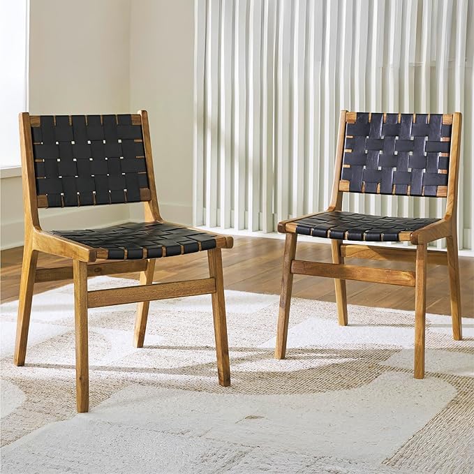 Signature Design by Ashley Fortmaine Modern Upholstered Armless Dining Chair with Open Back and Woven Leather Straps, Set of 2, Light Brown & Black