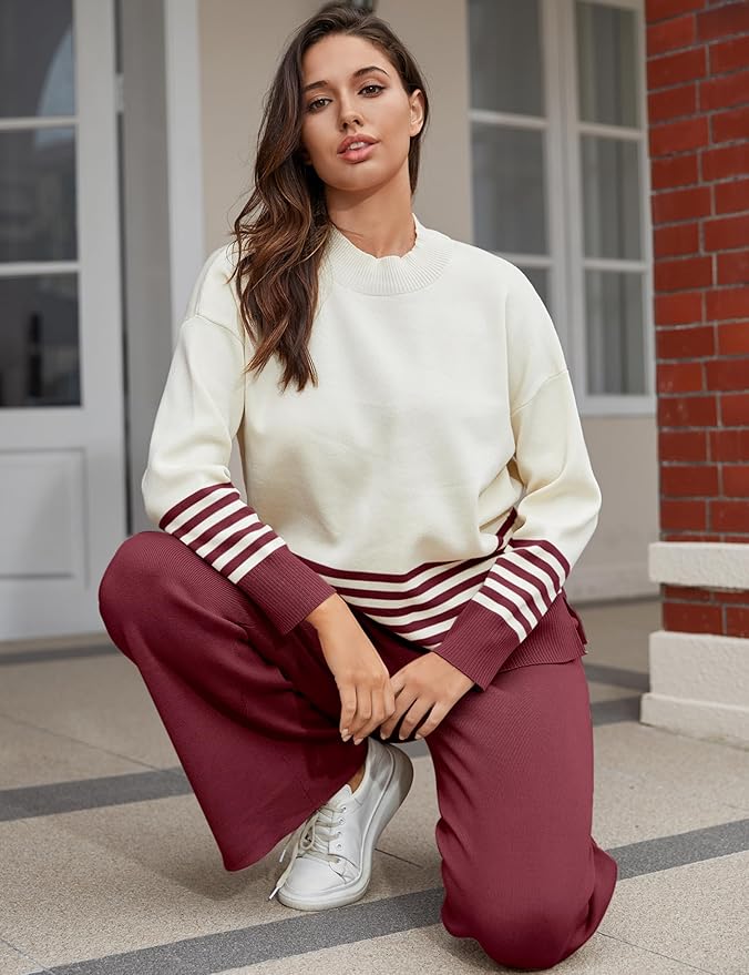 Tanming Women's Lounge Sets 2 Piece Outfits Knitted Pullover Sweater Tops Wide Leg Pants Tracksuit