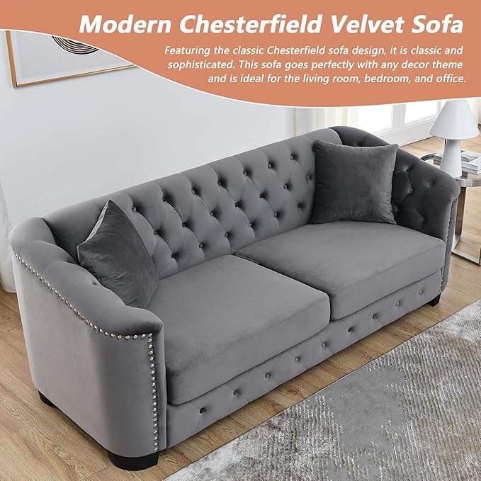 mikibama Modern Chesterfield Velvet Sofa, 77 Inch Sectional Sofa, Luxury 3 Seater Upholstered Tufted Couch with Nailhead Arms and 2 Pillows for Living Room, Bedroom, Apartment(Grey)
