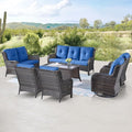 Belord Outdoor Wicker Furniture Patio Set - 7 Piece Backyard Furniture Brown Rattan Conversation Sets with Swivel Rocker Chairs, Rattan Sofa, Club Chairs and Coffee Table, Blue Cushion