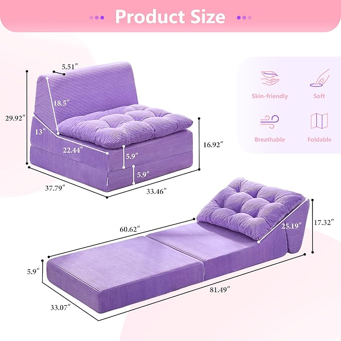 Hobestluk Sofa Couch Folding Sofa Bed Comfy Floor Lounger Convertible Sofa with Removable Cushion Couches for Small Spaces Foldable Mattress for Living Room Bedroom or Office (Cordury Purple, Large)