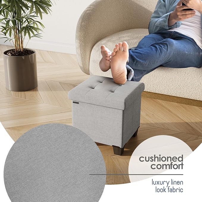 Storage Ottoman Cube with Small Bin, 16-in Square Ottoman with Storage for Living Room and Bedroom, Small Ottomans Foot Rest, Fabric Foot Stools Ottomans Max 330lbs, Light Grey