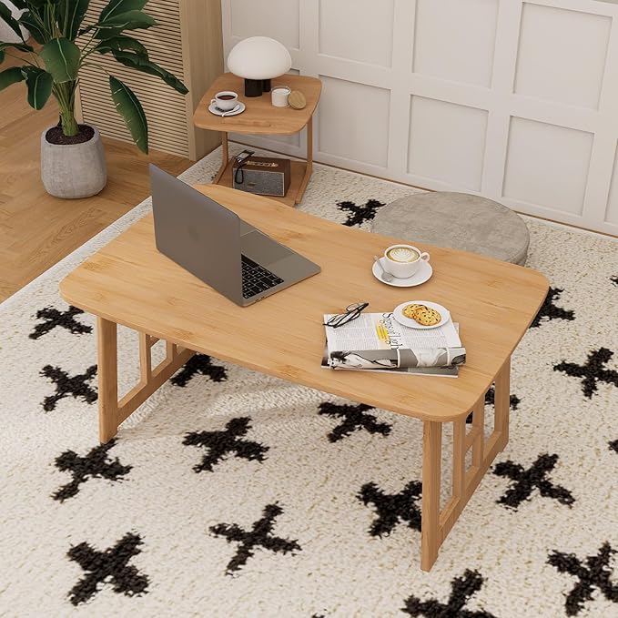 Japanese Bamboo Folding Floor Table – Portable Collapsible Tatami Coffee Table, No-Assembly Foldable Low Table for Sitting on the Floor, Compact Space-Saving Design for Home, Tea Room & Camping (Wood)