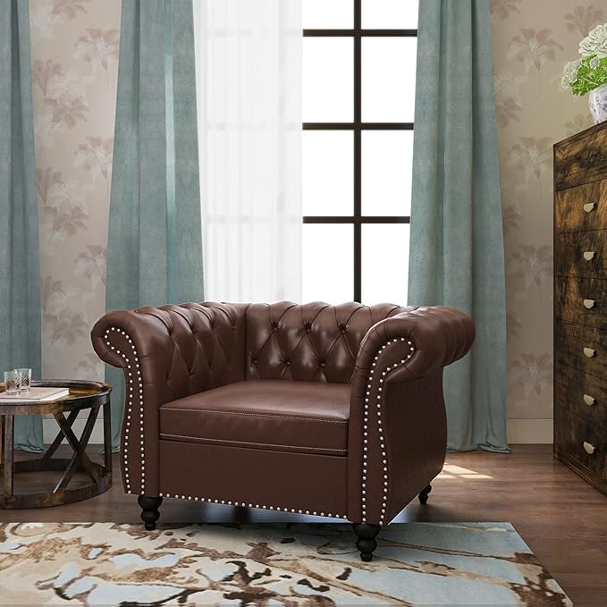 QHITTY Chesterfield Chair Accent Chair, Modern Leather Upholstered Sofa Chair with Tufted Back for Living Room Furniture (Dark Brown)