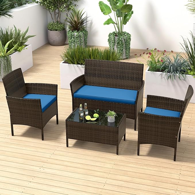 RELAX4LIFE 8-Piece Patio Furniture Set - Rattan Outdoor Conversation Bistro Set w/Cushions, Glass Coffee Table, Wicker Chairs & Loveseat for Garden Backyard Porch, Balcony Furniture Set (2, Peacock)