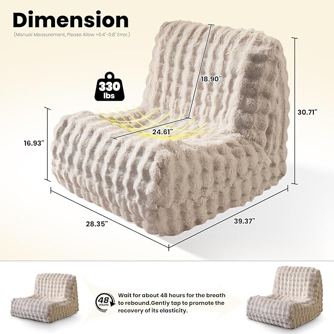 ovios Bean Bag Chair for Adult, Giant Beanbag with Plush Faux Fur, Comfy Large Big Lounger Floor Lazy Chair for Indoor Fireside Living Room Bedroom Dorm, Beige