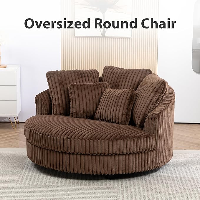 Chifee & Vingol 59.8" W Oversized Accent Round Chair Large Barrel Chair with Wheels & 5 Pillows, Faux Fur Fabric - Brown