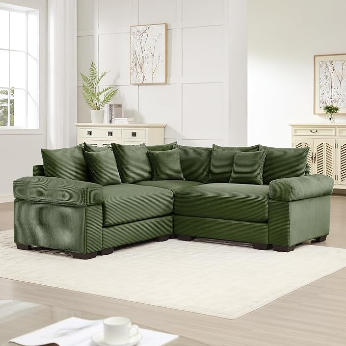 KEIKI 79" L-Shaped Oversized Corduroy Modular Cloud Sectional Sofa with High-Density Foam Cushion, Extra-Thick Armrest, Convertible 3-Seater Fluffy Corner Couch with 10 Pillow, for Living Room, Green
