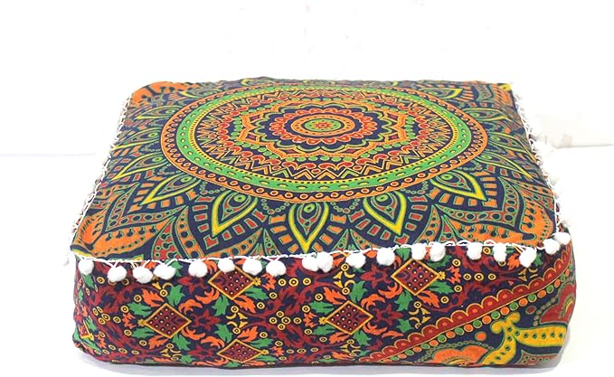 CRAFT KALA Large Hippie Mandala Meditation Floor Ottoman Pillow Cushion Pouf Cover Square Poufs Bohemian Circle Floor Cushion Case Outdoor Fireplace Yoga Living Room Decor Cover New Blue, 24" Square