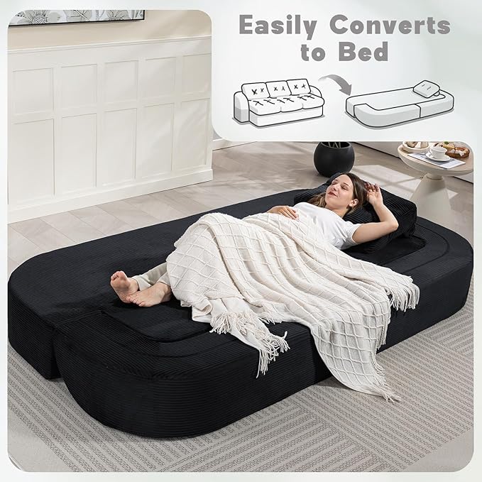 MeMoreCool Cloud Floor Sofa – 3-Seater Convertible Couch Bed, Tufted Corduroy, Black No Assembly | Modular Cushion Design | Compressed in a Box | Comfy for Living Room or Bedroom