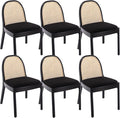 DUOMAY Mid-Century Modern Rattan Dining Chairs Set of 6, Wooden Dining Room Chair with Cane Backrest and Padded Seat, Black Sherpa Upholstered Dining Chair, Black Finish
