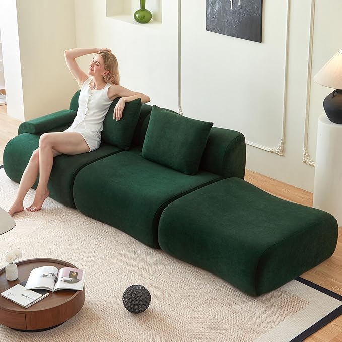 Boneless Couch for Living Room-114 Green Cloud Couch with Movable Ottoman,L-Shaped Comfy Sofa for Bedroom,No Assembly Required,Low -Profile Sofa