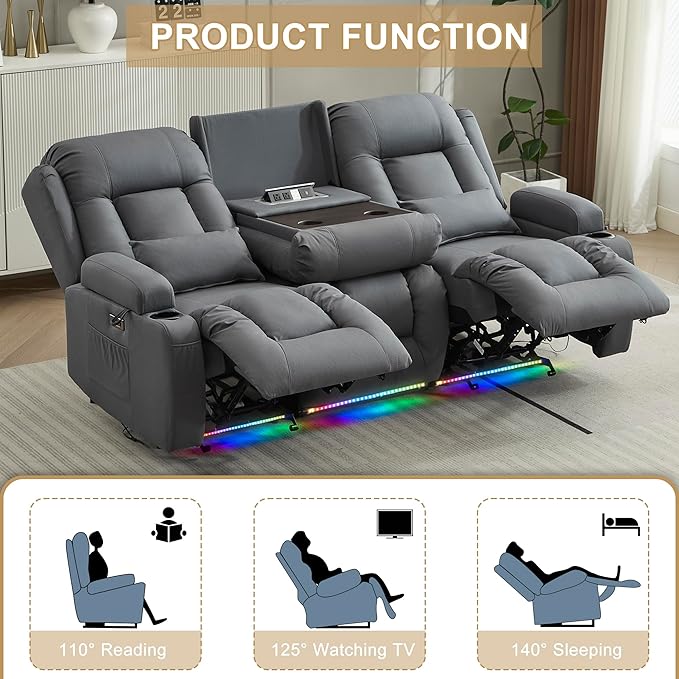 URRED Loveseat Recliner Sofa with Massage and Heat, Flip Middle Backrest Design 3 Seat Power Reclining RV Sofa Couch, Home Theater Seating with LED Lights, USB Ports, Outlets, Leathaire Blue