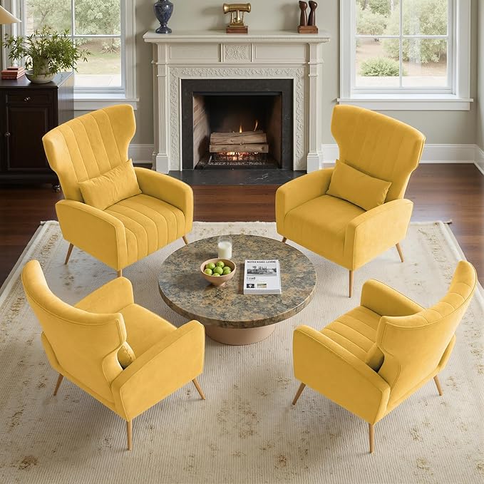 Nalupatio Modern Accent Chairs for Set of 4 Upholstered Velvet Fabric Reading Chair Mid Century Arm Chair Comfy Armchair for Living Room,Yellow