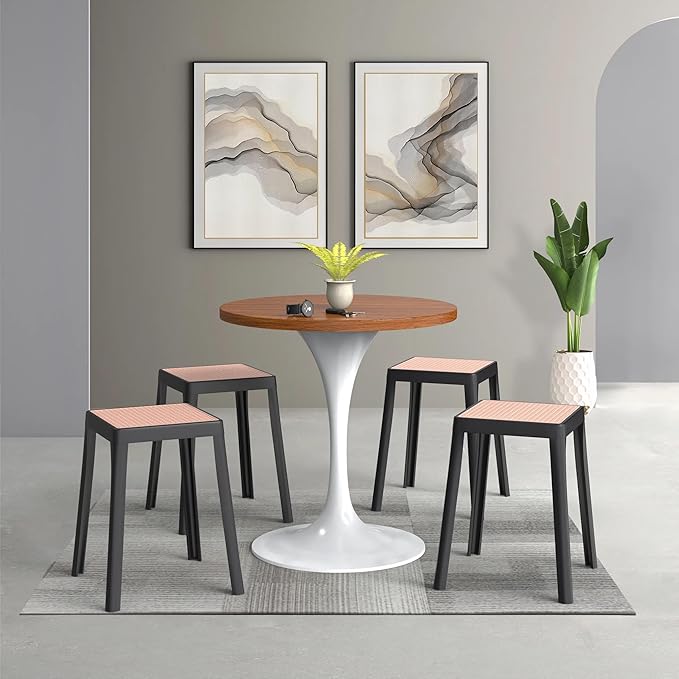 LeisureMod Tresse Mid-Century Modern Square Plastic Dining Stool Set of 2, Stackable Accent Stools with Breathable Seat, Lightweight Seating for Kitchen, Dining Room, Bedroom, or Entryway (Black)