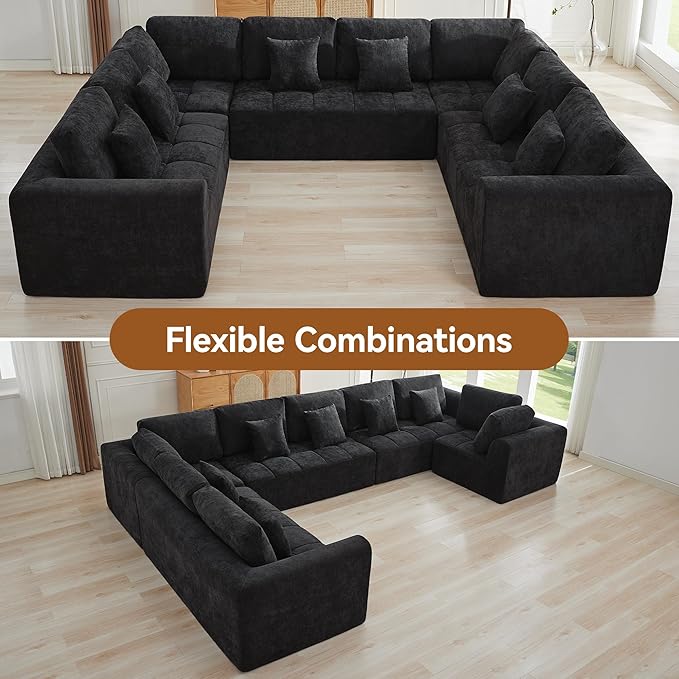 140''Modular Sectional Couches for Living Room, Cloud Boneless Compressed Sectional Sofa, Oversized U Shaped 8 Seater Upholstered Memory Foam Sofa, No Assembly, Chenille Black