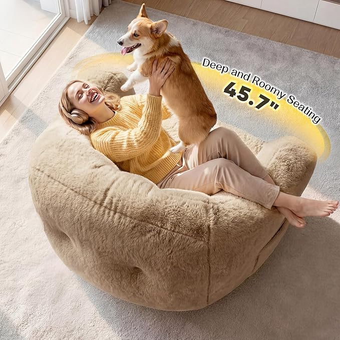 Homkdom Bean Bag Chair, Giant Bean Bag Chair for Adults, Shell-Shaped Bean Bag Couch with Armrests & Side Pockets, Comfy Beanbag Lazy Couch Reading Chair for Bedroom, Living Room, Khaki
