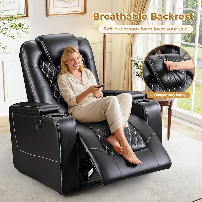 ANJ Power Recliner Chair with USB Ports and Cup Holders - Overstuffed Electric Home Theater Seating PU Leather Reclining Furniture with Hidden Arm Storage, Easy to Clean (Black)