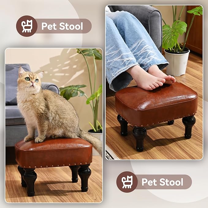 DSGAMER Leather Ottoman Footrest,Rustic Foot Stools Seat,Wood Footstool Rectangle Footrest Small Ottoman for Bedroom,Living Room,Office,Entrance Hall (DEEP Brown)