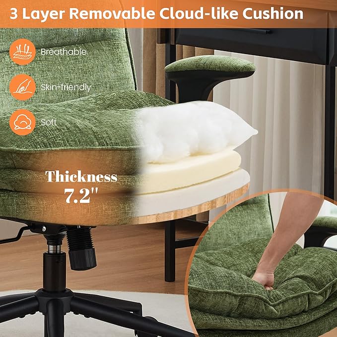 Criss Cross Chair with Flip-up Arms, Wide Criss Legged Chair with 3 Layer Cushion, Ergonomic Office Desk Chair with Wheels, Swivel Vanity Chair for Office, Living Room, Bedroom, Chenille Green