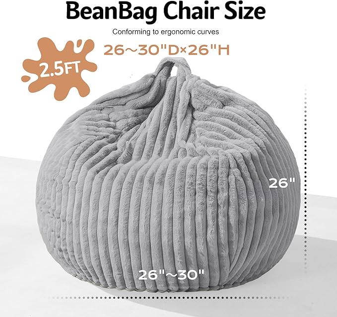 Homguava 2FT Bean Bag Chair, 2' Small Bean Bags with Memory Foam Filled, Beanbag Chairs with Machine Washable Cover Dutch Corded Plush Cover for Classroom,Living Room,Bedroom-Light Grey