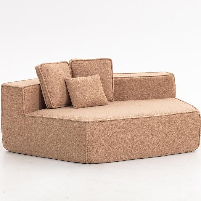 EPOFIT 1-Seater Teddy Fleece Modular Sofa Chair, Low-Profile Floor Seat with Wide Cushion and All-Foam Support, Left-Facing Design, Compressed Packaging – Brown