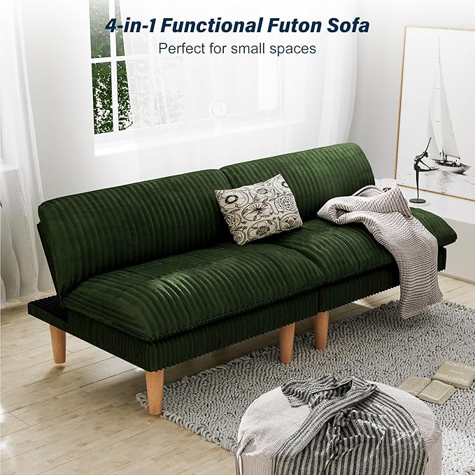 2 Sets 69" Futon Sofa Bed, 4 in 1 Multi-Function Couch Sleeper with Adjustable Backrest, Modern Convertible Futon, Recliner Small Loveseat for Living Room, Plush Green