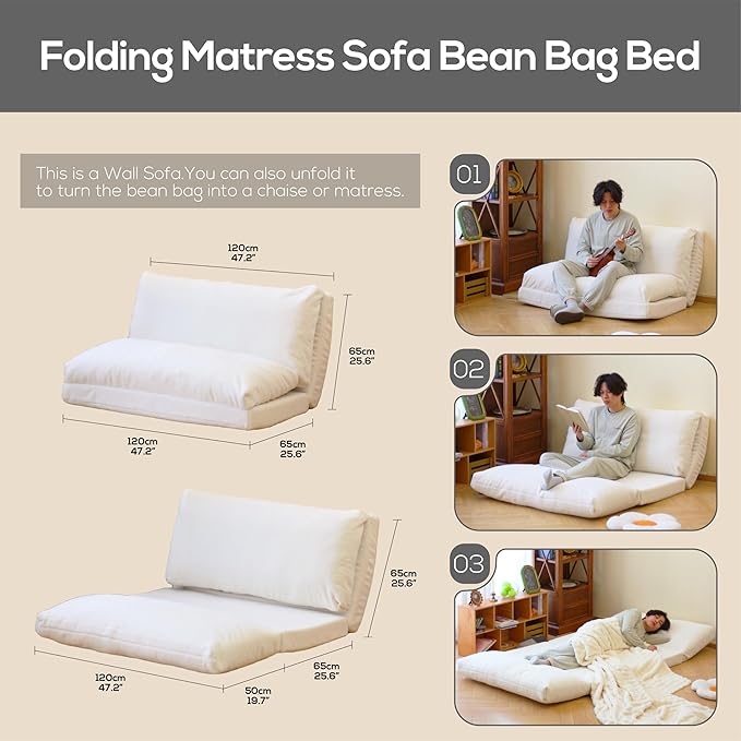 N&V Folding Matress Sofa Bean Bag Bed, Foam Filling Folding Matress Sofa, Includes Removable and Machine Washable Cover, Soft Premium Faux Fur (Medium, White)
