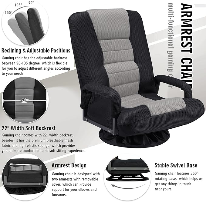 Swivel Floor Gaming Chair w/Armrests,Folding Video Reclining Sofa w/6 Adjustable Position, Padded Backrest & Cushion, Lazy Lounger Couch for E-Sports, Reading, Relaxing, Watching TV, Grey