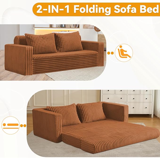 HABUTWAY Folding Sofa Bed, 2 in 1 Convertible Sleeper Chair with 2 Pillows, Portable Fold Out Chair Bed with Armrest, Comfy Floor Couch, Lazy Sofa for Living Room Bedroom Dorm Home Office, Caramel